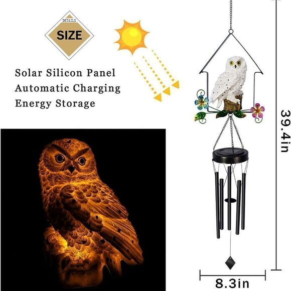 Solar OWL Wind-chimes. Outdoor decor solar powered lights up at night. - Picture 6 of 14